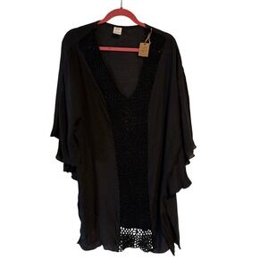 PS Ladies Black Rayon Crochet Lace Kimono Cover Up Dolman Sleeve Boho Cruise NWT